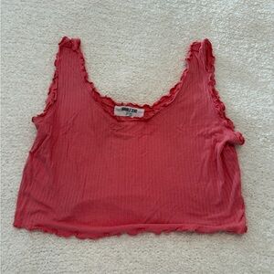 Double Zero Coral Pink Ribbed Lettuce Trim Cropped Tank L